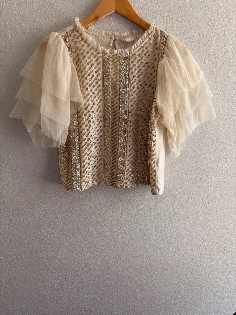 Anthropologie Let It Be Sequined Embroidered Puff-Sleeve Blouse Size xs